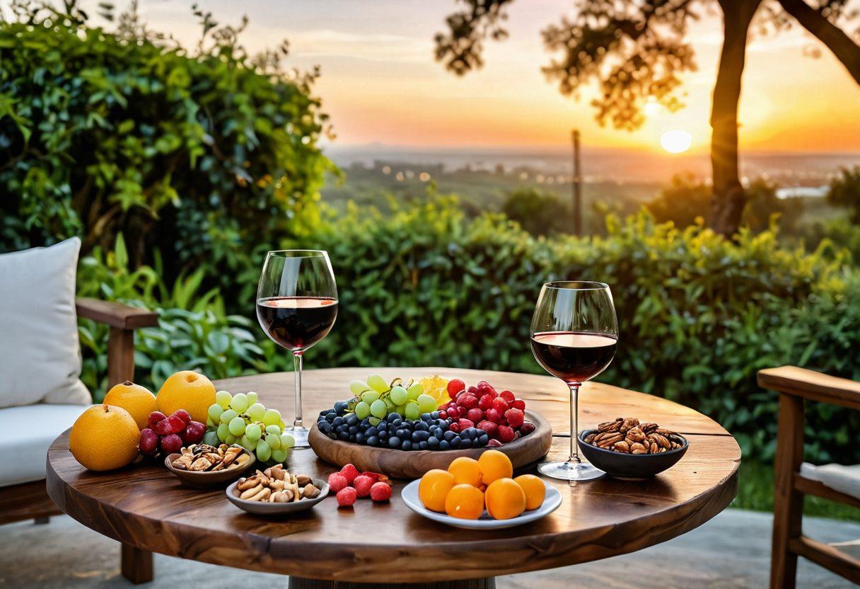 A serene setting featuring a beautifully arranged wine tasting table outdoors, surrounded by lush greenery. Include an elegant wine glass halfway filled with a vibrant red wine, accompanied by a healthy plate of colorful fruits and nuts. In the background, a person practicing yoga with a soft sunset hue illuminating the scene, symbolizing balance between indulgence and fitness. super-realistic. vibrant colors. nature-inspired.