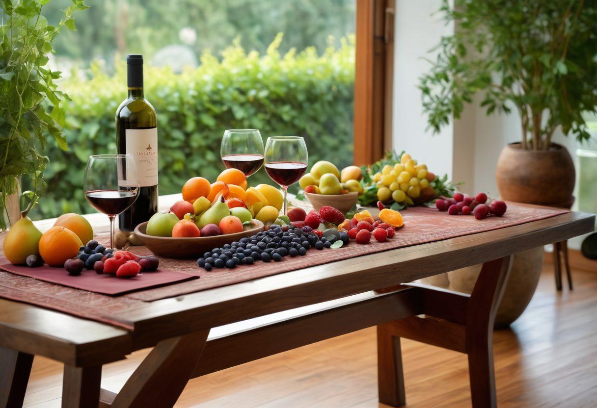 A serene setting featuring a beautiful wooden table adorned with a selection of elegant wine glasses filled with various shades of wine, surrounded by fresh fruits, herbs, and wellness elements like yoga mats and meditation stones in the background. Soft sunlight filters through leafy greenery, creating a calm ambiance. The scene encapsulates balance and sophistication in a wellness journey. super-realistic. vibrant colors.