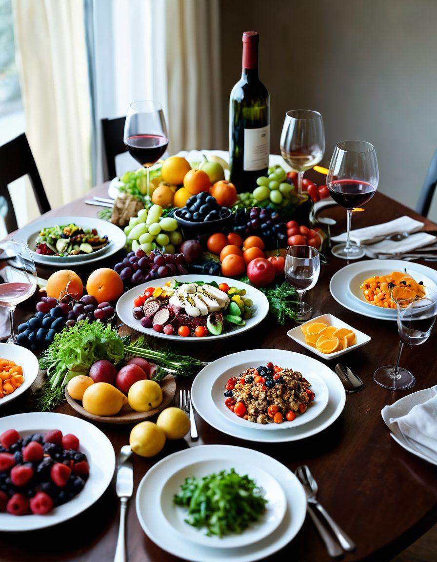 A beautifully arranged dining table featuring vibrant, healthy dishes paired with various glasses of wine, set against a backdrop of an active lifestyle scene. Show a fit individual joyfully tasting wine, surrounded by fresh fruits and vegetables, with a balance scale subtly incorporated in the design. The atmosphere should be warm and inviting, promoting a sense of happiness and health. super-realistic. vibrant colors. natural lighting.
